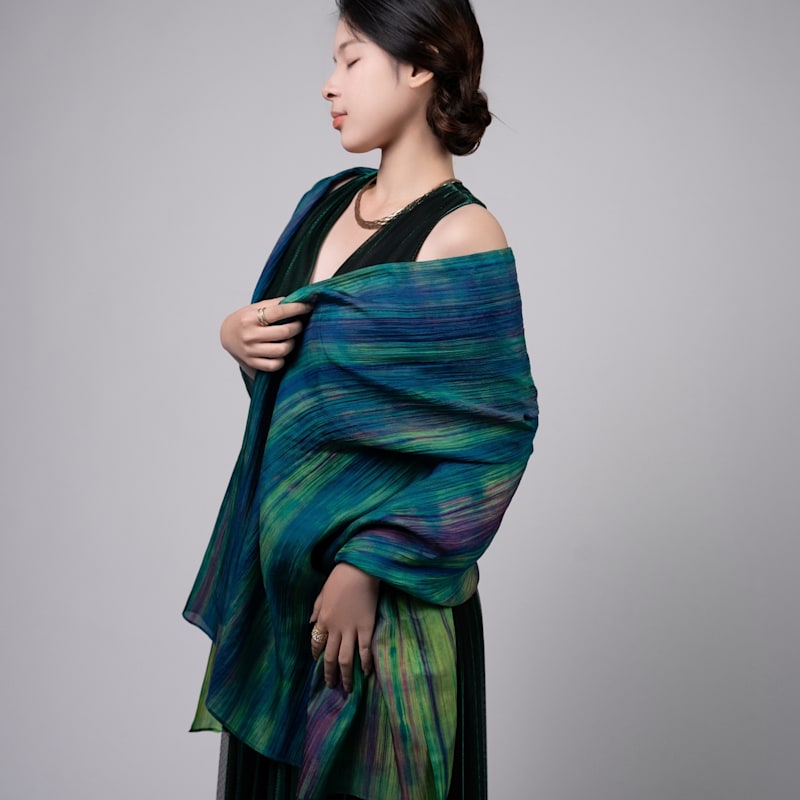 Thumbnail of Emerald & Violet Brushstroke Silk Scarf – Hand-Dyed Mulberry Silk Shawl, Evening Wrap image