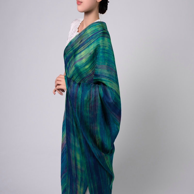 Thumbnail of Emerald & Violet Brushstroke Silk Scarf – Hand-Dyed Mulberry Silk Shawl, Evening Wrap image