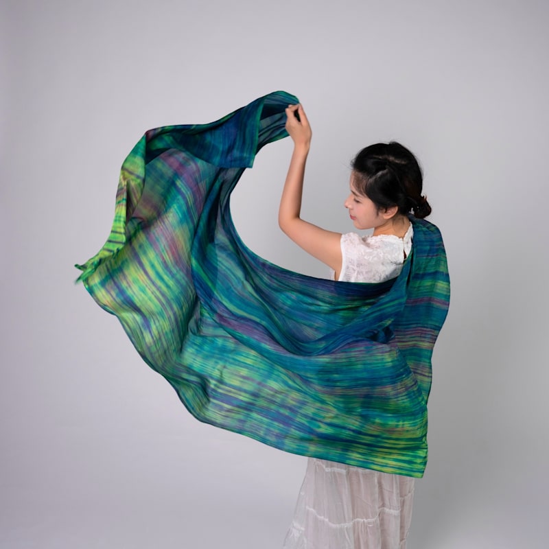 Thumbnail of Emerald & Violet Brushstroke Silk Scarf – Hand-Dyed Mulberry Silk Shawl, Evening Wrap image