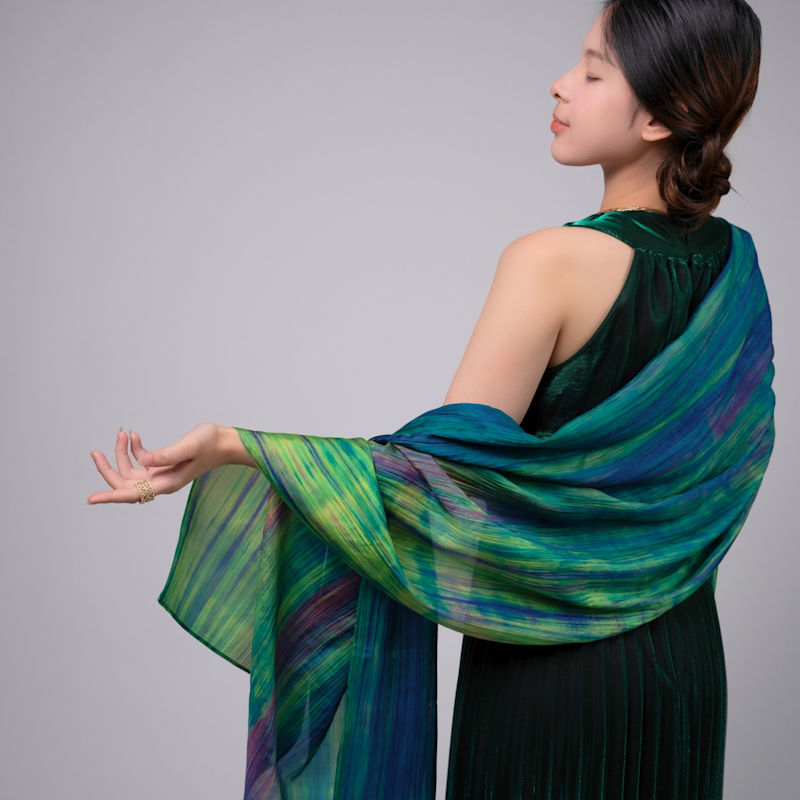 Thumbnail of Emerald & Violet Brushstroke Silk Scarf – Hand-Dyed Mulberry Silk Shawl, Evening Wrap image