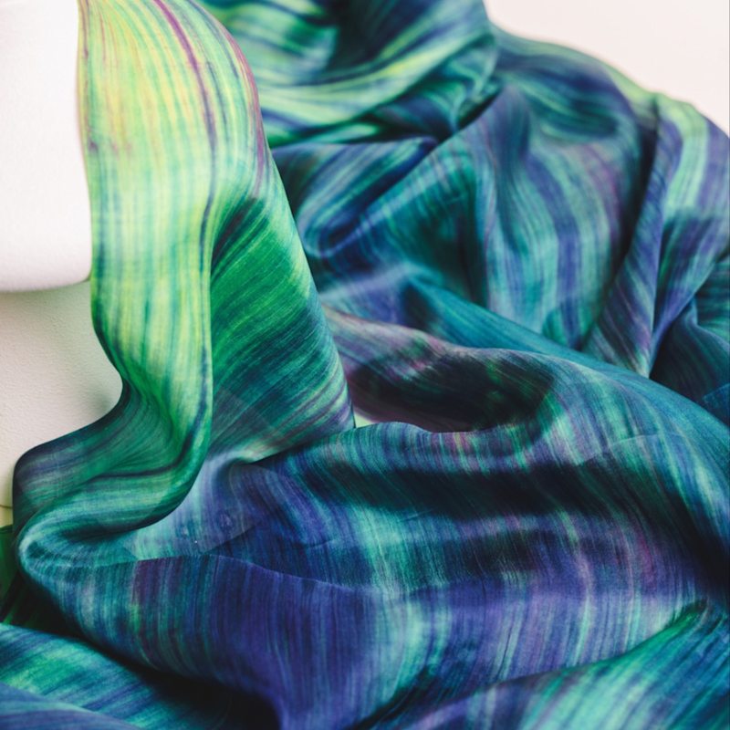 Thumbnail of Emerald & Violet Brushstroke Silk Scarf – Hand-Dyed Mulberry Silk Shawl, Evening Wrap image