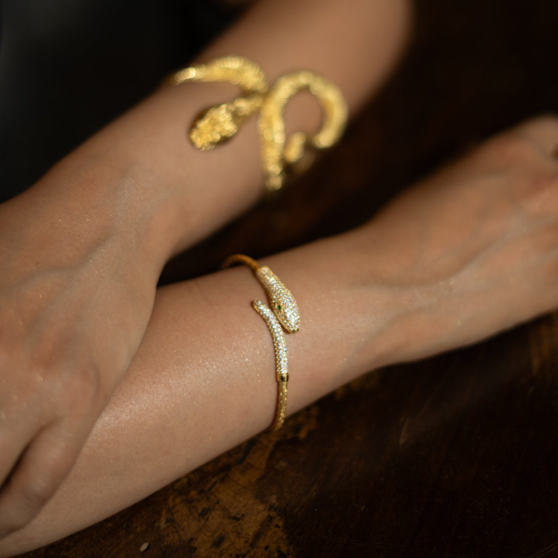 Thumbnail of Emerald Serpent Guardian Gold Cuff Bracelet - Gold image
