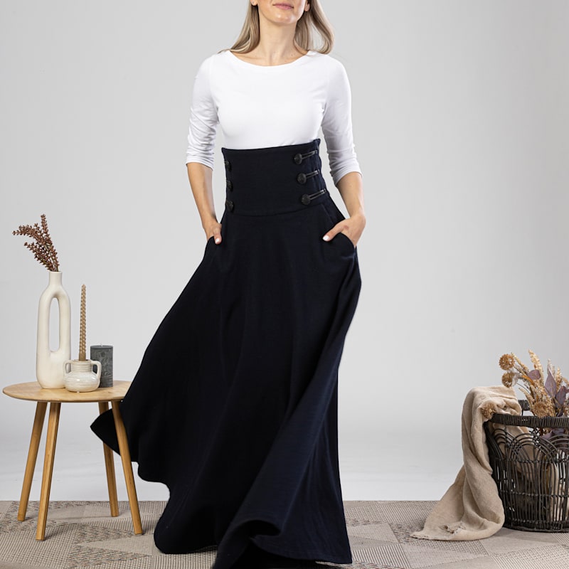 Thumbnail of Empire Waist Maxi Wool Skirt With Double Row Buttons In Dark Blue Colour image