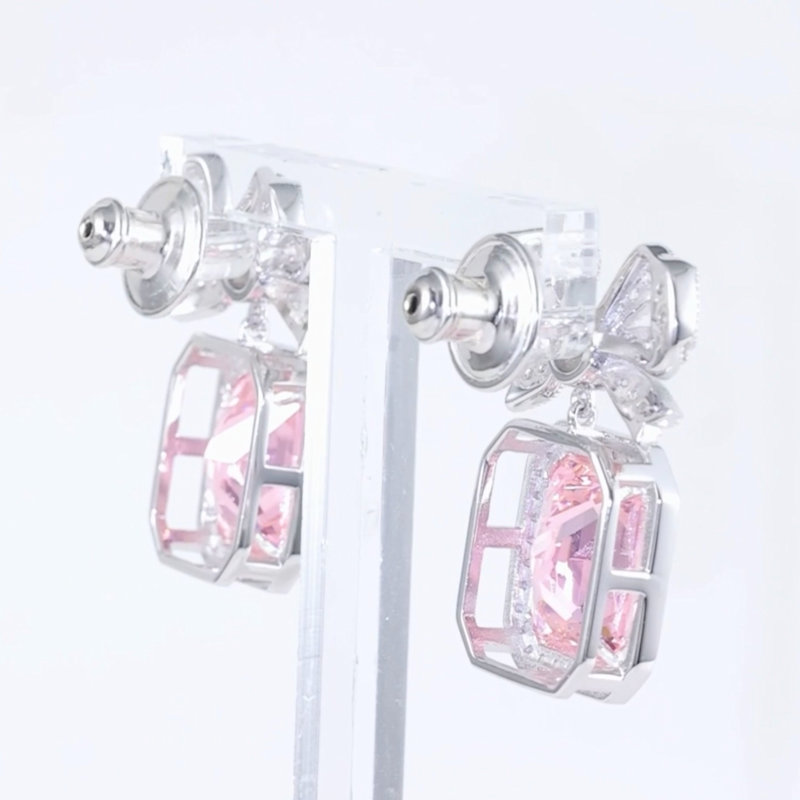 Thumbnail of Empress Bow & Pink Radian Cut Crystal Silver Earrings image