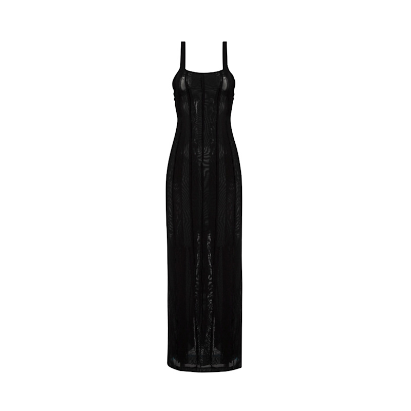 knee length dresses for ladies Black Square Rhinestone Mesh Midi Dress