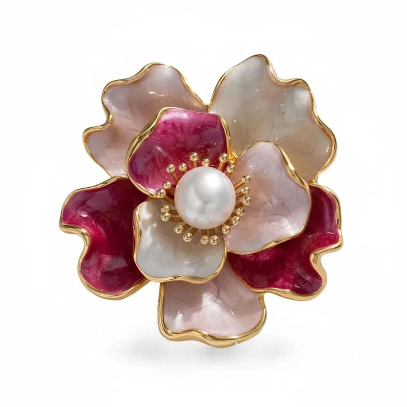Thumbnail of Enamel Peony Freshwater Pearl Brooch - Pink image