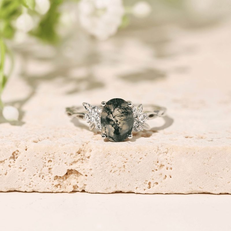 Enchanted Garden Moss Agate Ring White Gold Vermeil© | Azura