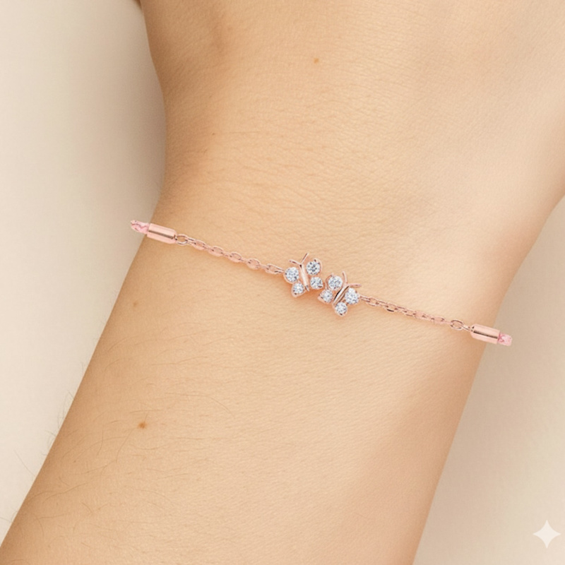 Thumbnail of Enchanting Flutterfly Rose Gold Vermeil Butterfly Pink Silk Cord Thread Bracelet image