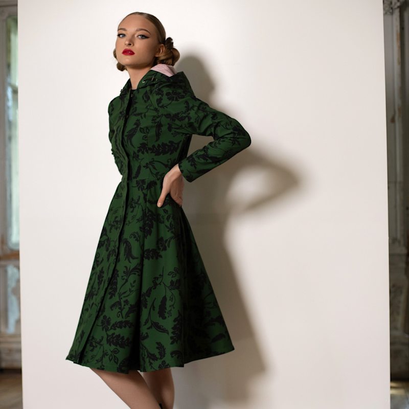 Thumbnail of Dark Green Hooded Waterproof Coat For Women: Forest Flower image