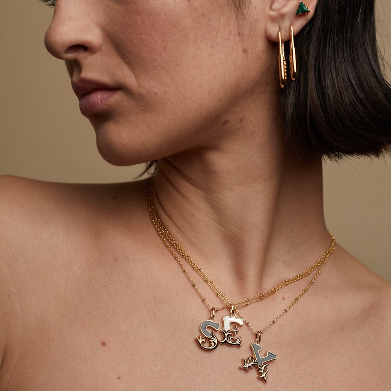 Thumbnail of Gold Plated M Initial Necklace With Green Marble image