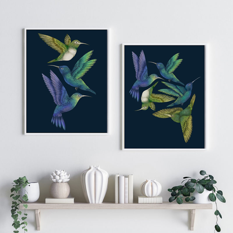 Thumbnail of Antique Hummingbirds I Indigo Fine Art Print L image
