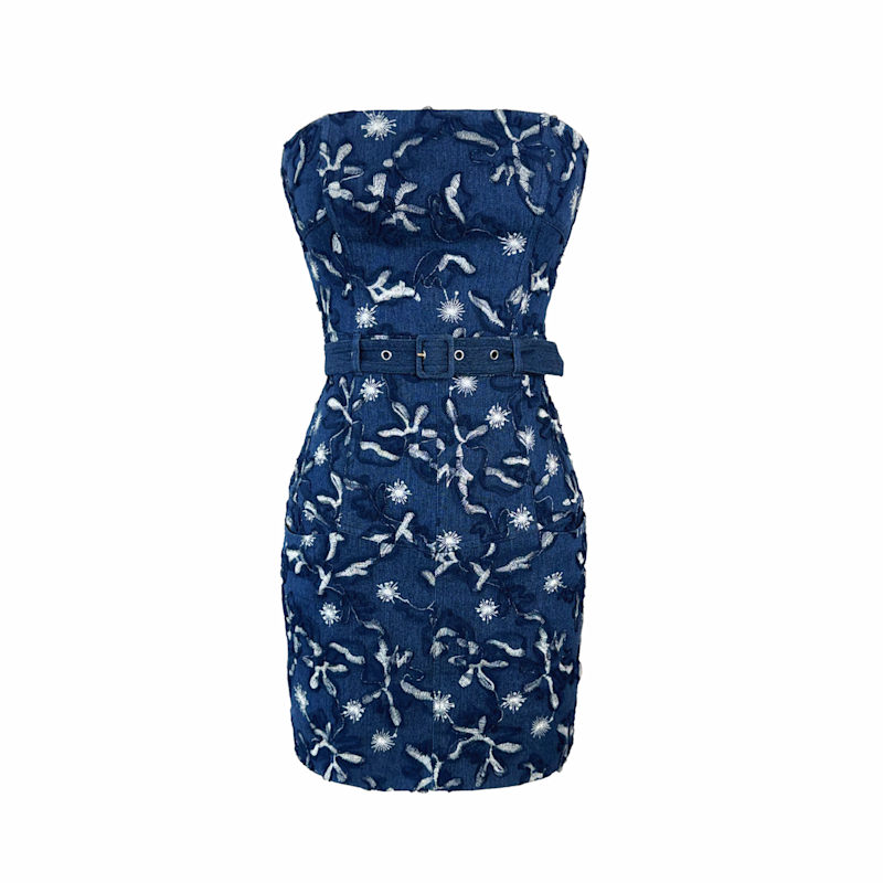 Solgo Atelier Erie Strapless Corset Denim Mini Dress with Belt - Blue/Silver
