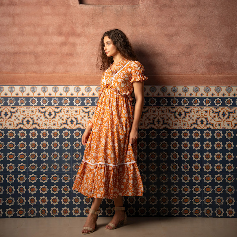 Thumbnail of Midi Dress | Orange | Hand Block Print Dress | Esme Dress image
