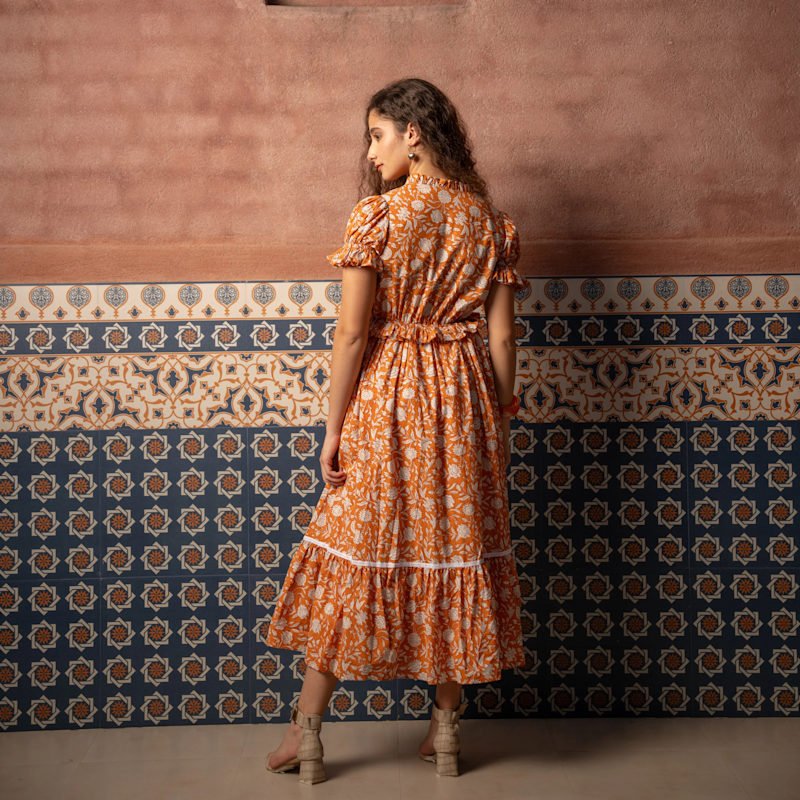 Thumbnail of Midi Dress | Orange | Hand Block Print Dress | Esme Dress image