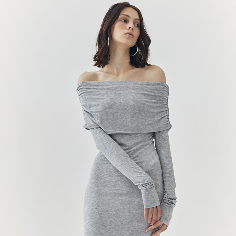 knee length dresses for ladies Women's Tanya Off The Shoulder Sweater Maxi Dress in Heather Grey main image 1