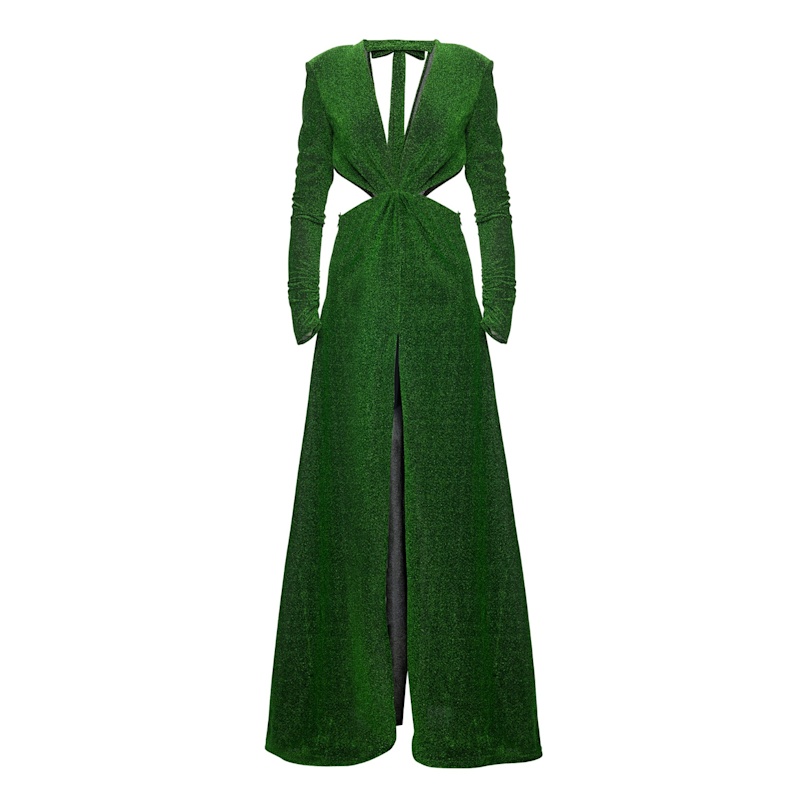 Esmeralda Green Ruched High Slit Dress by NARCES