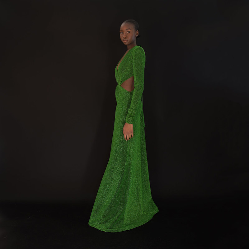 ruched high slit dress Esmeralda Green by NARCES Satin halter