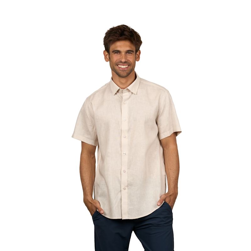 Thumbnail of Essential Linen Button Short Sleeve Button Down Shirt - Beige image