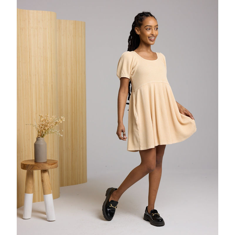knit babydoll dress Puff Sleeve Waffle LUCKYYOU24