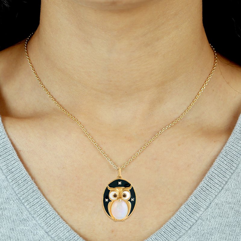 Thumbnail of Owl Opal, Quartz, Diamond & Enamel Pendant in 14K Yellow Gold image