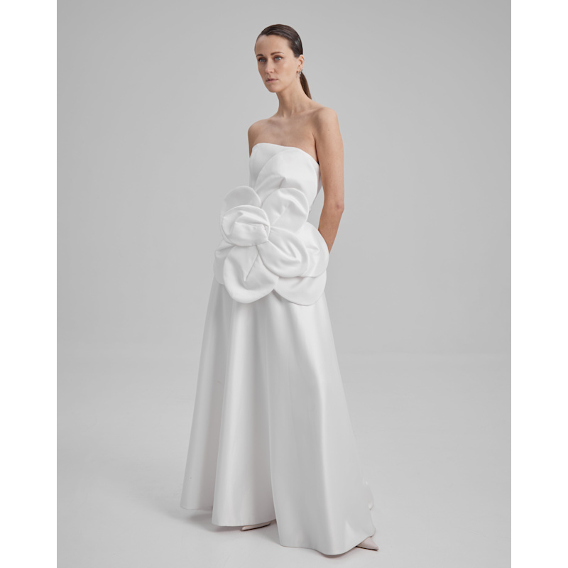 Thumbnail of Eve Dress + Flower | Strapless A Line Maxi Dress In White image