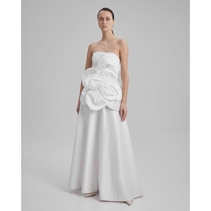 Thumbnail of Eve Dress + Flower | Strapless A Line Maxi Dress In White image