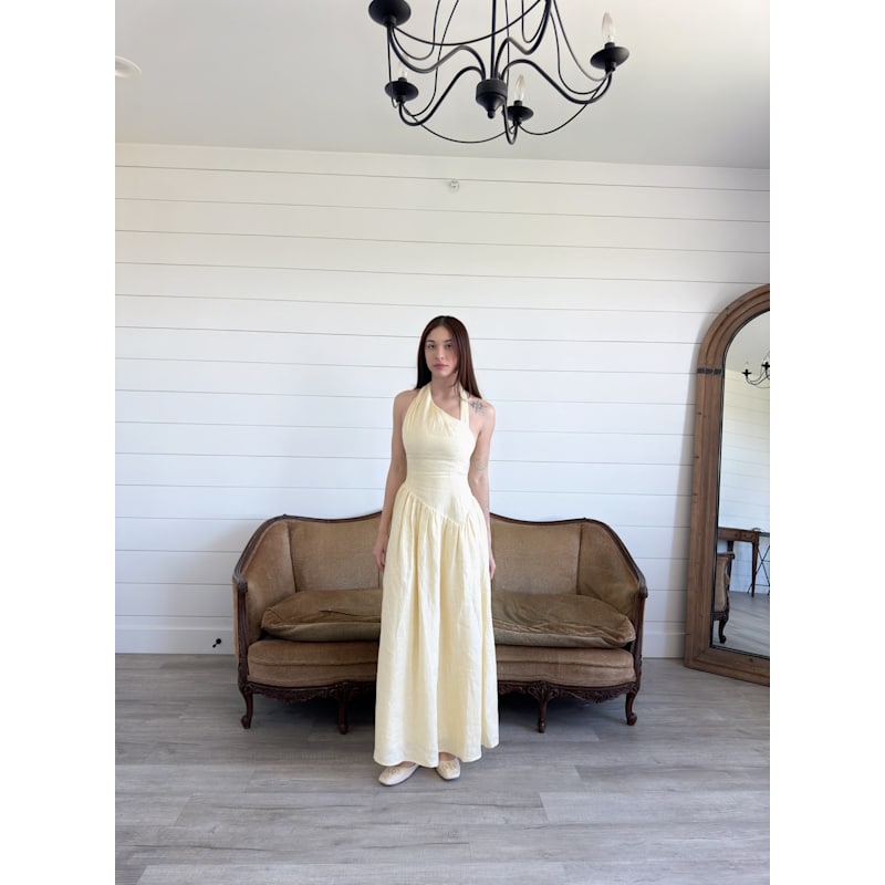Thumbnail of Butter Yellow Asymmetric Halter Neck Maxi Dress image