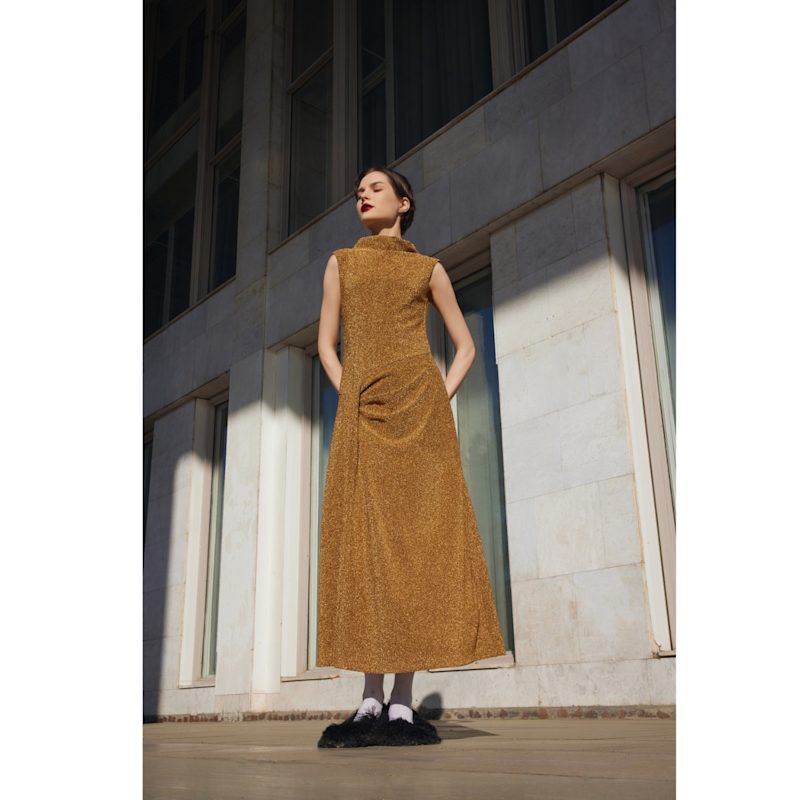 Evening Metallic Knit Sleeveless Long Dress - Bronze M
