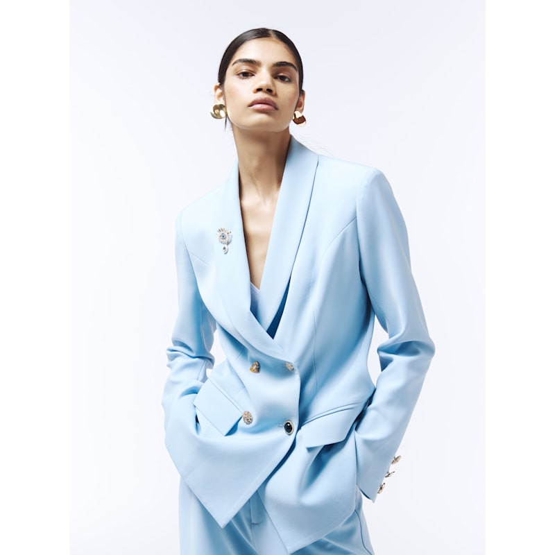 Thumbnail of Evil Eye Brooch Tailored Blazer With Collector's Buttons In Powder Blue image