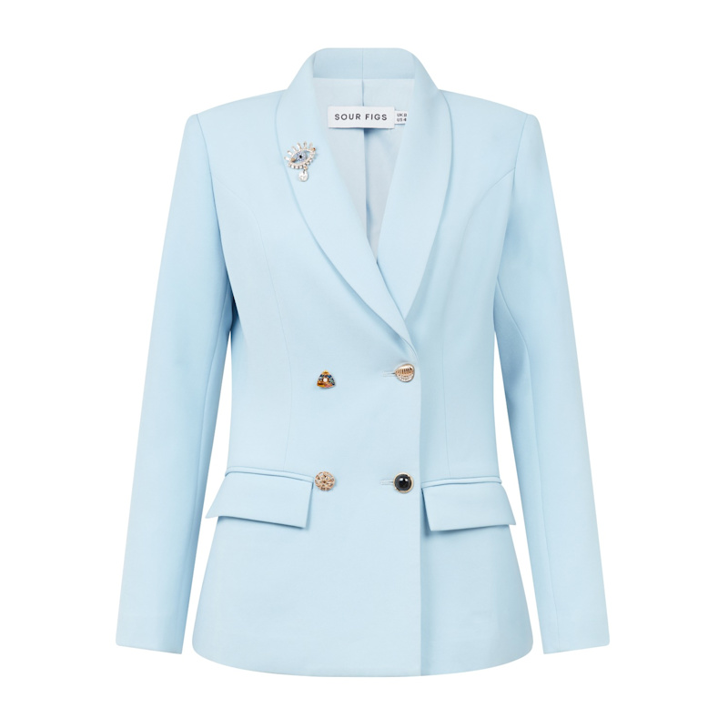 Thumbnail of Evil Eye Brooch Tailored Blazer With Collector's Buttons In Powder Blue image