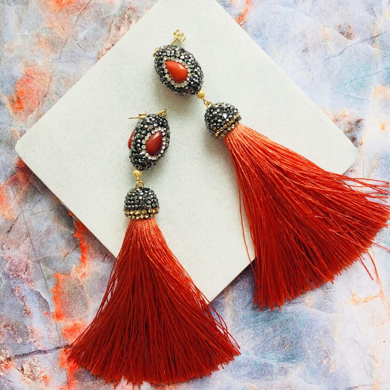 Thumbnail of Red Coral Rhinestone Tassel Earrings image