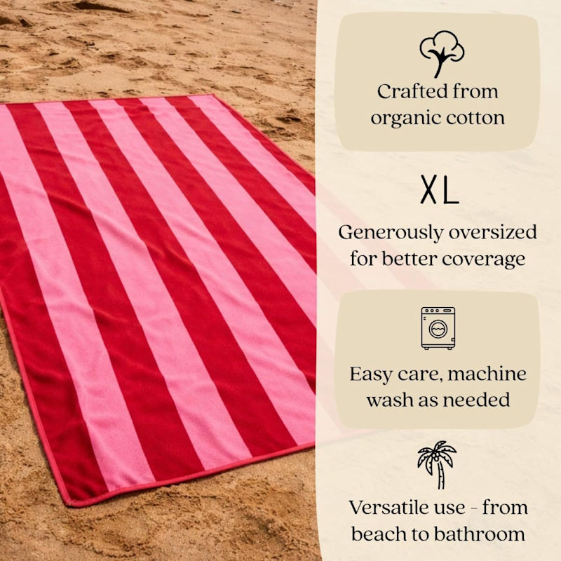 Extra Large Organic Cotton Striped Beach Towel - Red & Pink