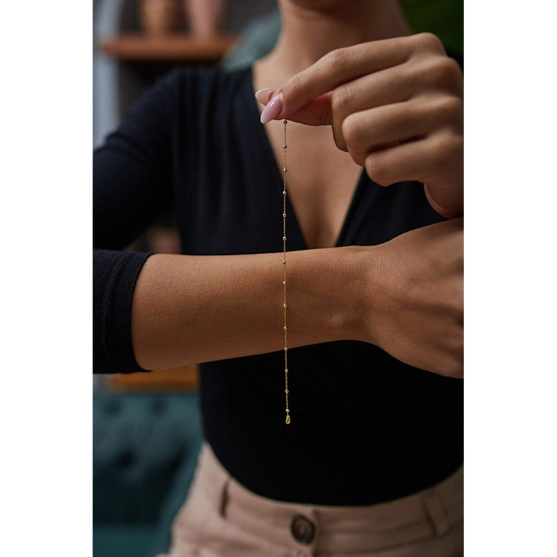 Thumbnail of Bead Curb Chain Sterling Silver Adjustable Satellite Bracelet - Gold image