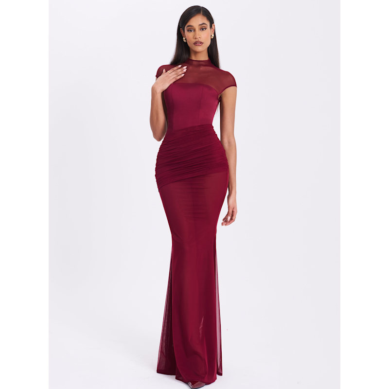 Thumbnail of Fabienne Burgundy Mesh Cap Sleeve Mermaid Gown image