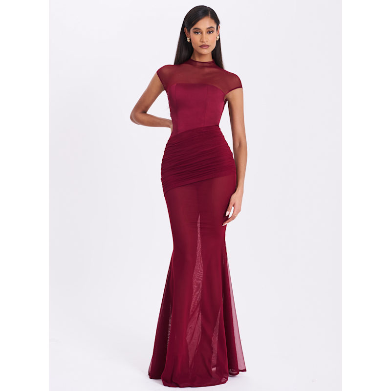 Thumbnail of Fabienne Burgundy Mesh Cap Sleeve Mermaid Gown image