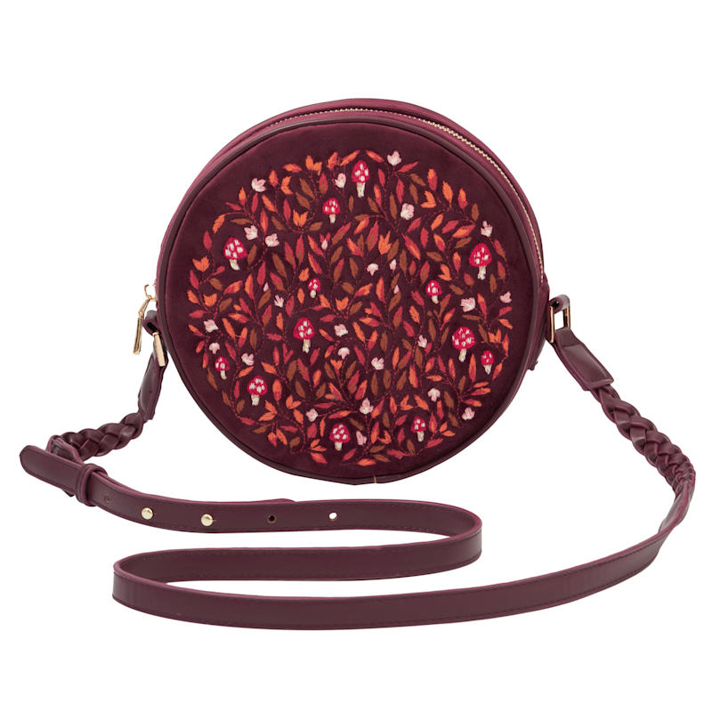 Fable England Mushroom Embroidered Velvet Circle Bag Burgundy