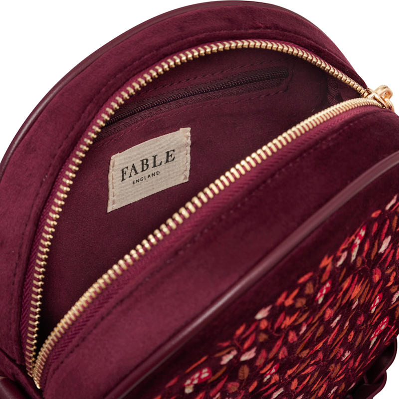 Fable England Mushroom Embroidered Velvet Circle Bag Burgundy
