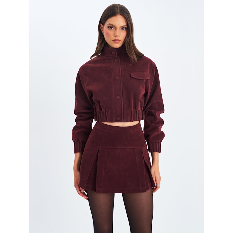 Thumbnail of Faryn Mahogany Vegan Suede Pleated A-Line Mini Skirt image