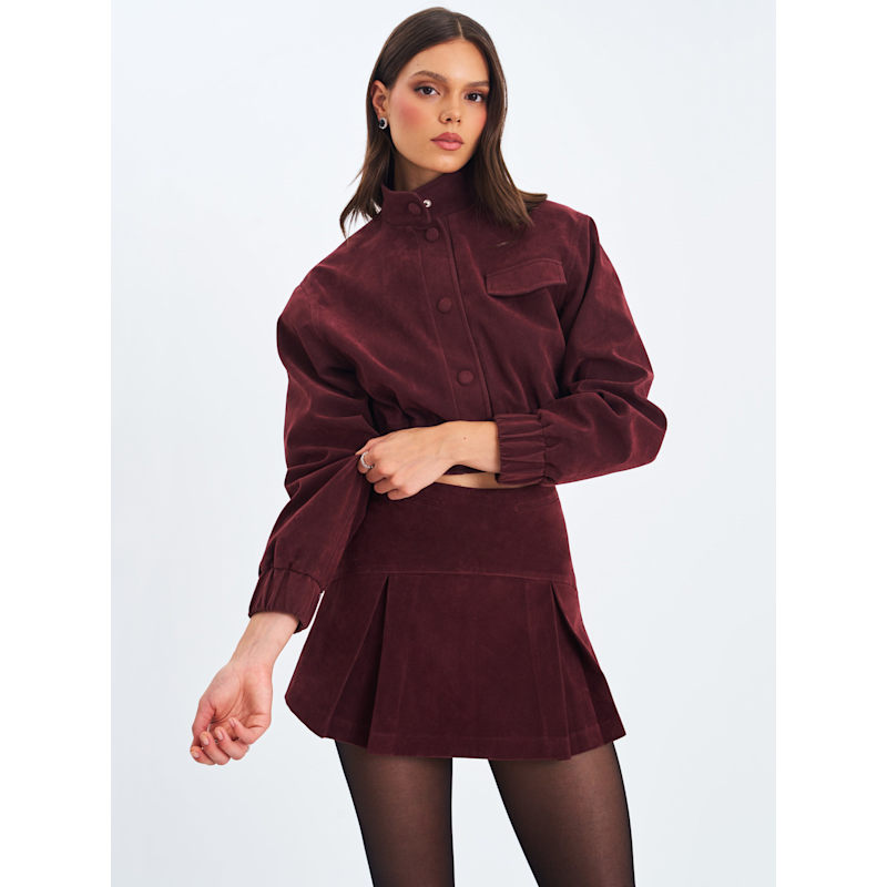 Thumbnail of Faryn Mahogany Vegan Suede Pleated A-Line Mini Skirt image