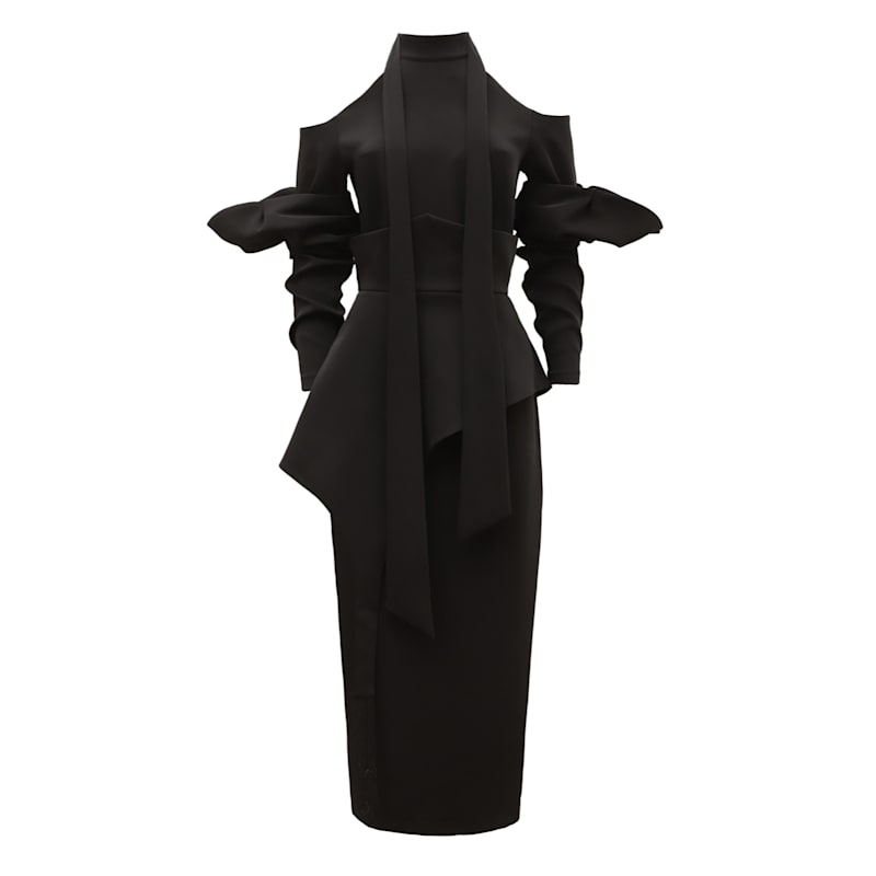 navy blue dress for baby girl Black Strapless Feather Trim Asymmetrical Midi Dress Black / Xs main image 0