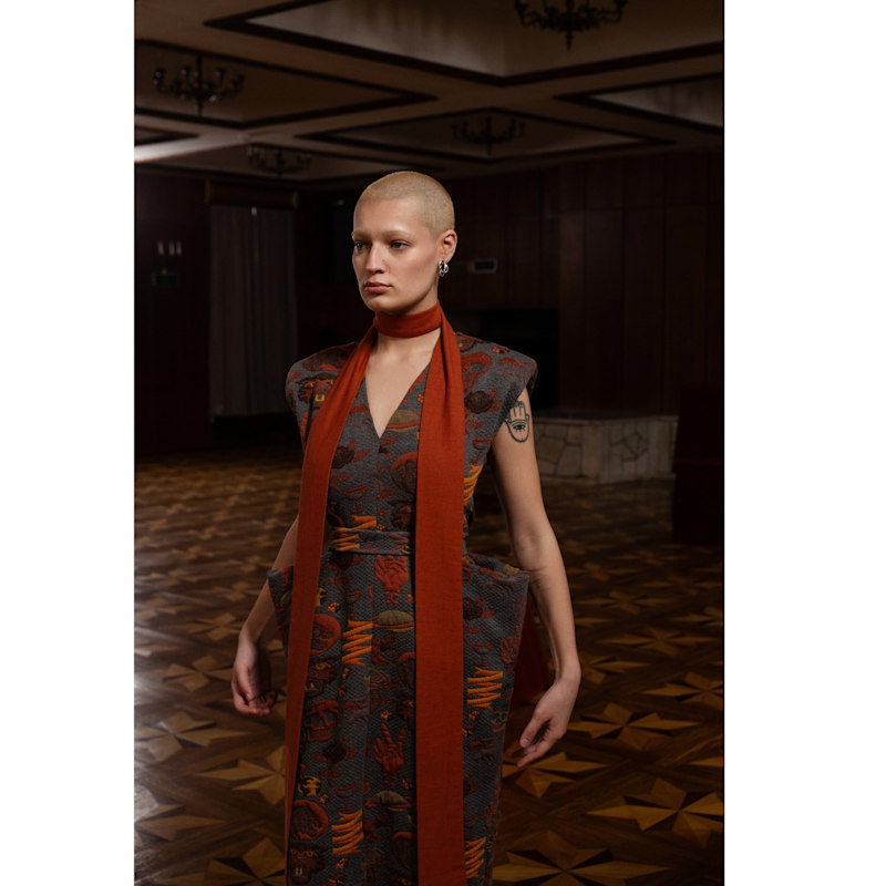 Thumbnail of Fashion Midi Dress With Belt And Bold Shoulders Jacquard Grey image