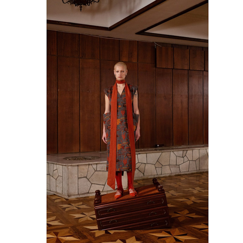 Thumbnail of Fashion Midi Dress With Belt And Bold Shoulders Jacquard Grey image
