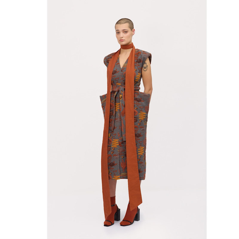 Thumbnail of Fashion Midi Dress With Belt And Bold Shoulders Jacquard Grey image