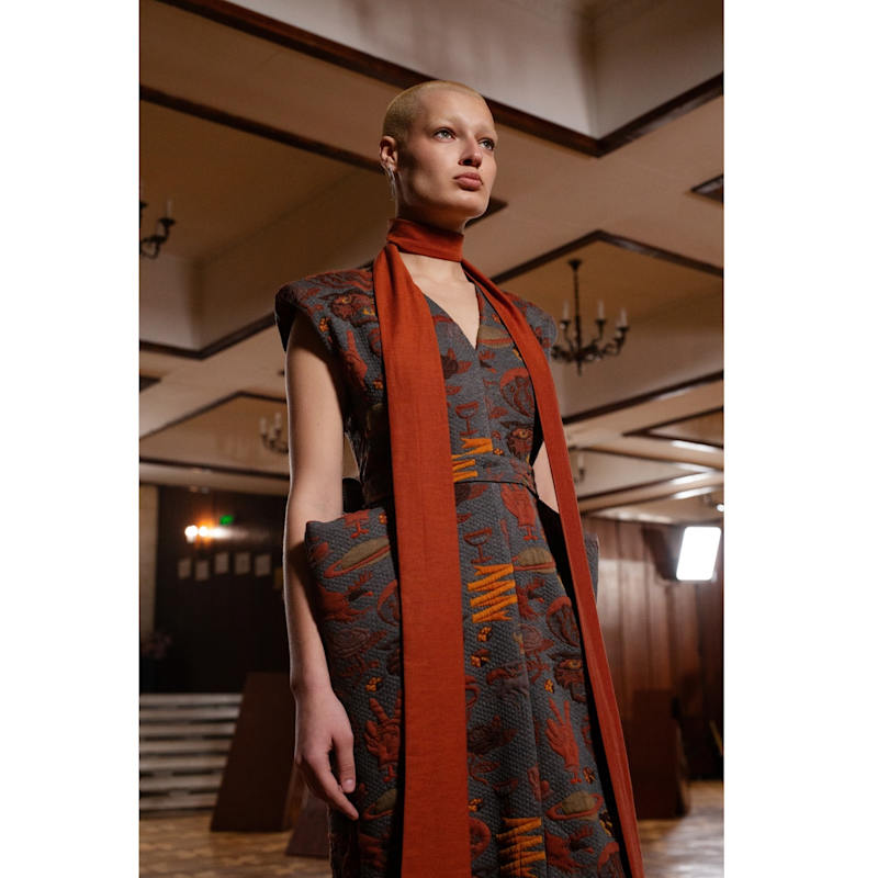 Thumbnail of Fashion Midi Dress With Belt And Bold Shoulders Jacquard Grey image