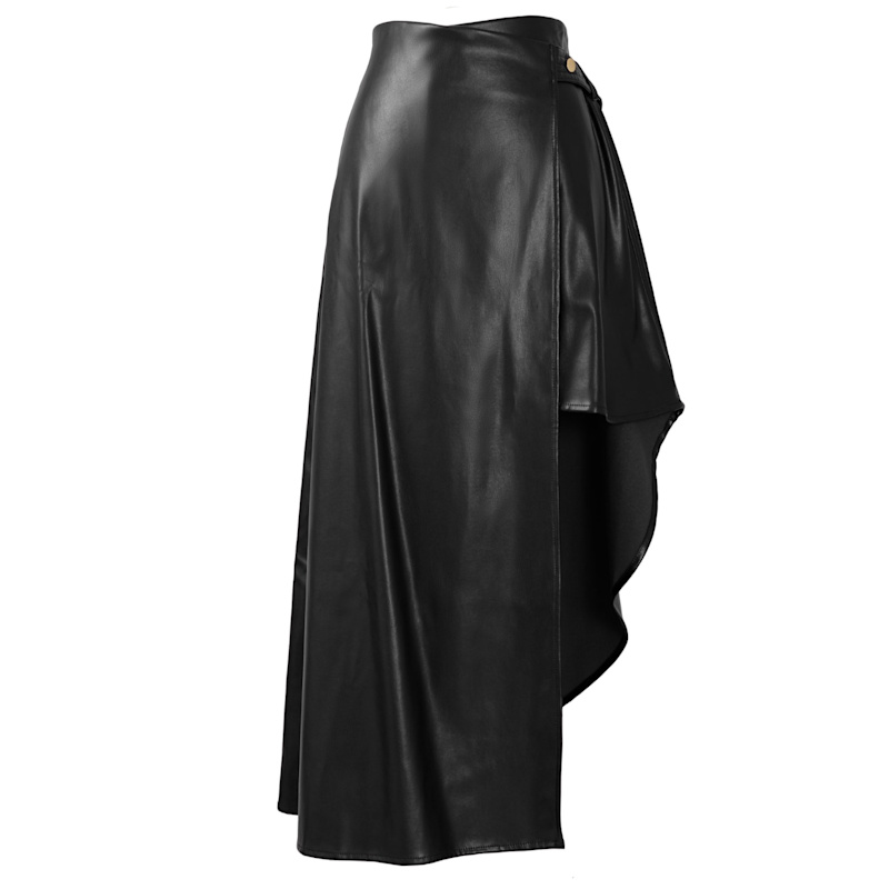 Black Leather Wrap Skirt – Asymmetrical, Vegan Faux Kargede