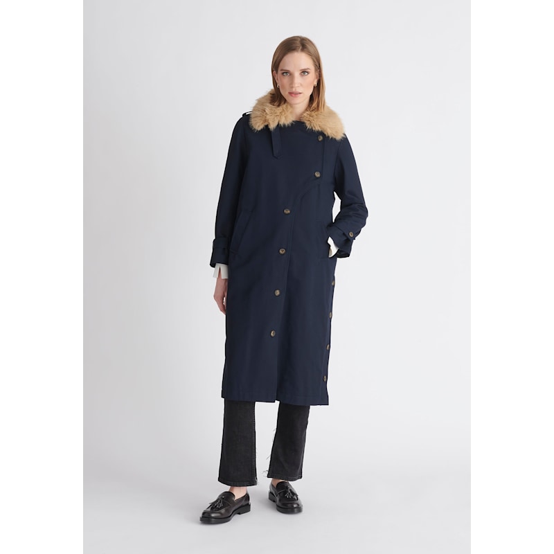 Thumbnail of Faux Fur Collar Coat In Navy image