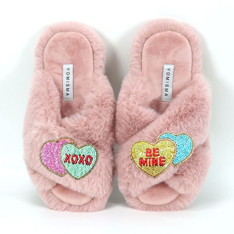 Faux Fur Slippers - Global Recycled Standard Certified Valentine's Day - Be Mine + Xo Embellishment - Pink