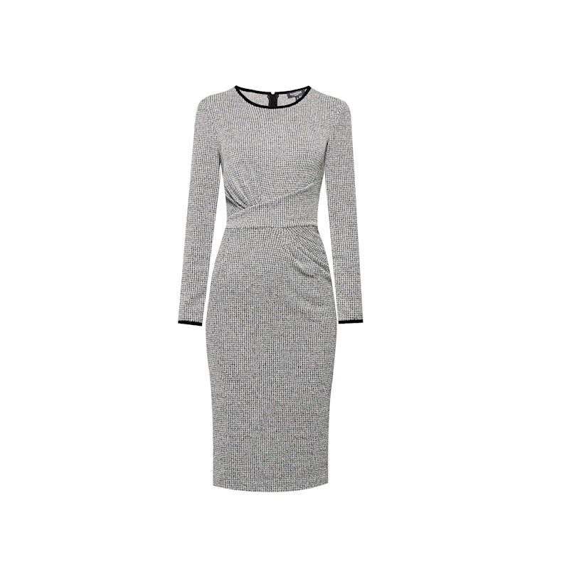 Women's Grey Rebecca Check Jacquard Jersey Dress with Waistline Drapes | Small | Rumour London
