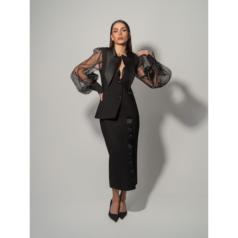 Thumbnail of Femme Fatale Tailored Blazer With Organza Sleeves - Black image