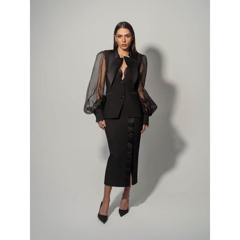 Thumbnail of Femme Fatale Tailored Blazer With Organza Sleeves - Black image